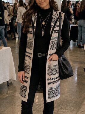 Western Gothic Monteau Intarsia Sleeveless Long Cardigan Sweater Vest Hooded S